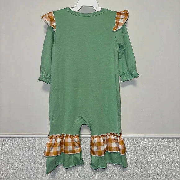 Baby Girl Green Orange Plaid Pumpkin Ruffle Bodysuit 6-9 M Fall Autumn Romper - Picture 5 of 11